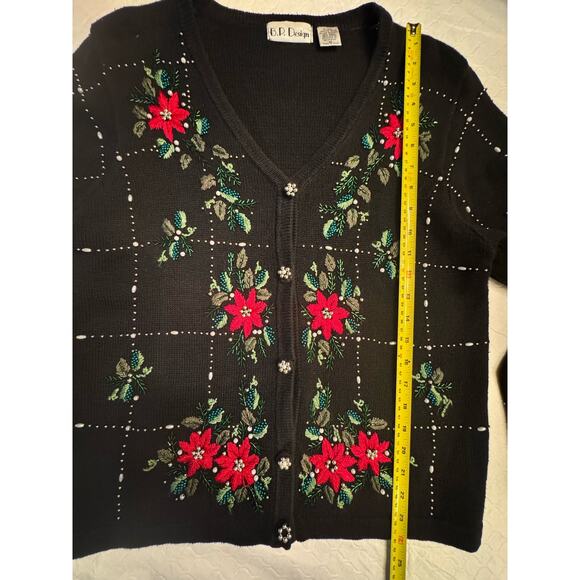 VTG Beaded Christmas Cardigan Sweater Womens Medium Sequins Poinsettia Holly - Picture 6 of 13